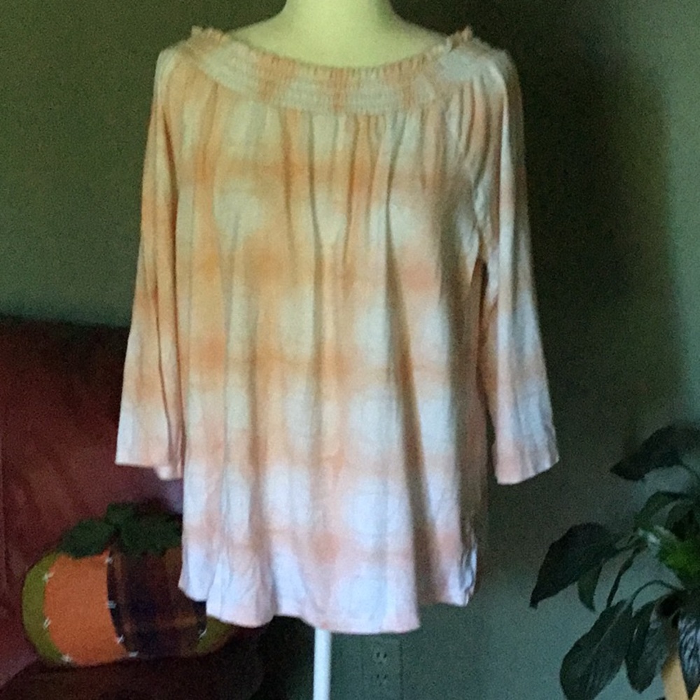 D & Co. Coquette Plaid Smocked Peach/White Swing Top Size M